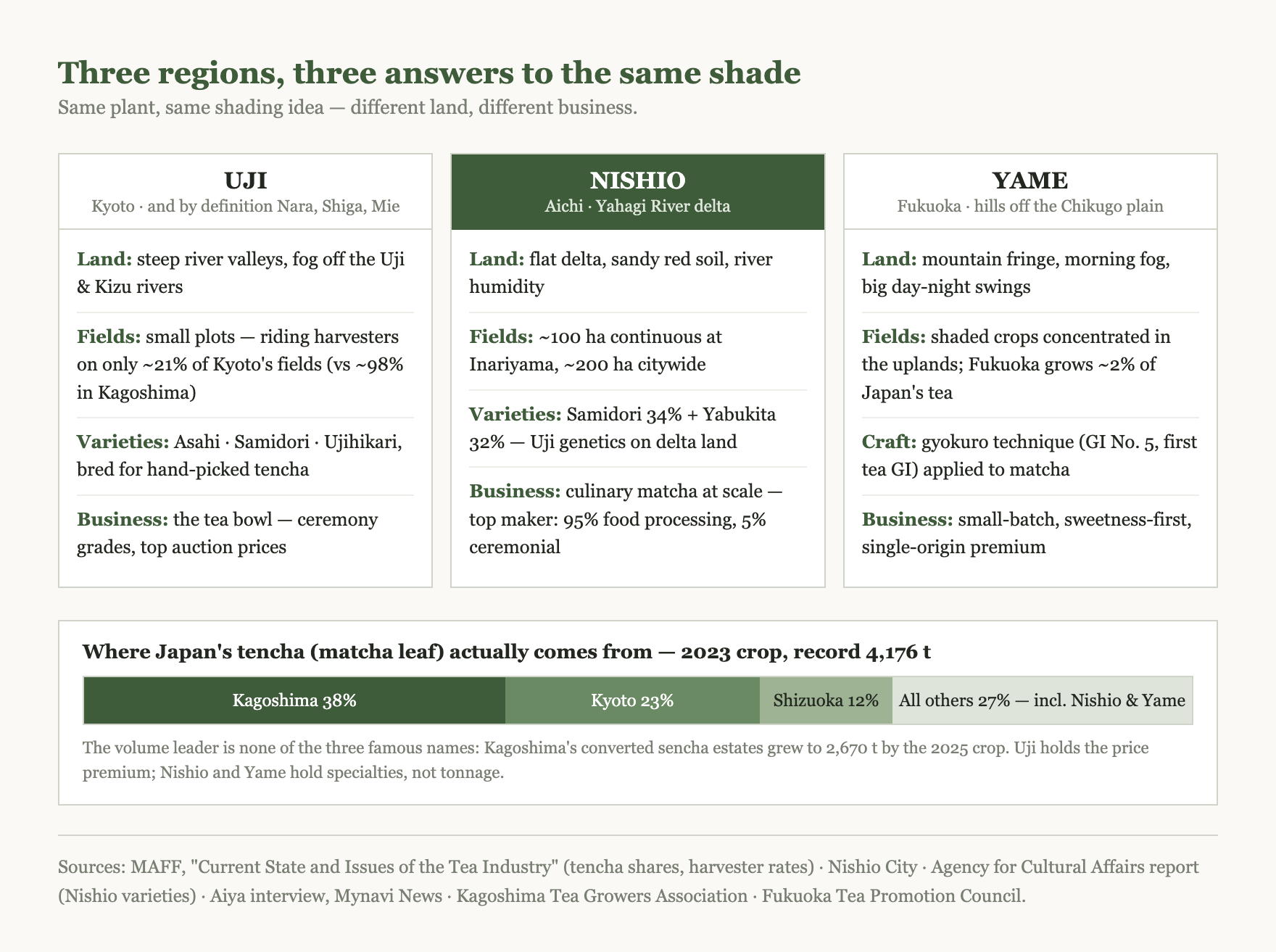 Three-column comparison of matcha terroir: Uji's steep foggy river valleys with mostly manual harvesting, Nishio's flat sandy delta along the Yahagi River built for scale, and Yame's fog-prone mountain fringe using gyokuro craft, above a production bar showing Kagoshima leading tencha output